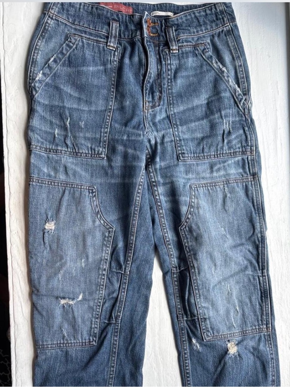 Anthropologie Pilcro Distressed Double Knee Patchwork Utility Jeans 27 EUC